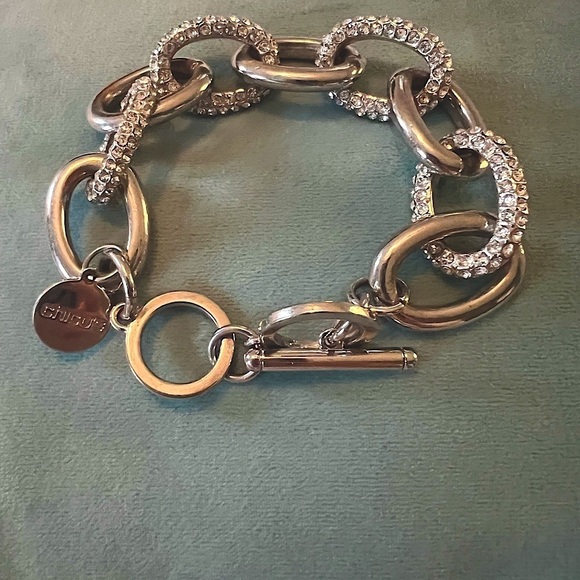 Silvertone chunky Chain Bracelet with Rhinestones by Chicos - Picture 1 of 4